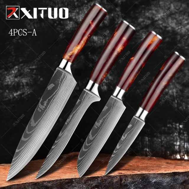 XITUO 1-10PCS  kitchen knives Set Laser Damascus pattern chef knife Sharp Santoku Cleaver Slicing Utility Knives Resin Handle