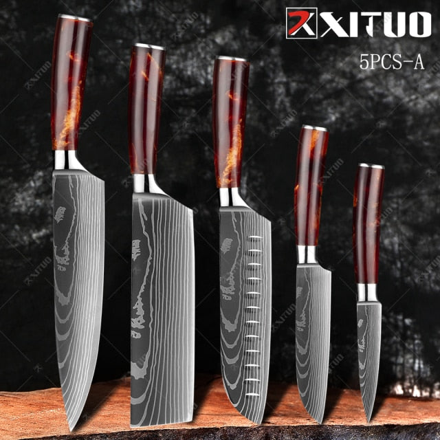 XITUO 1-10PCS  kitchen knives Set Laser Damascus pattern chef knife Sharp Santoku Cleaver Slicing Utility Knives Resin Handle