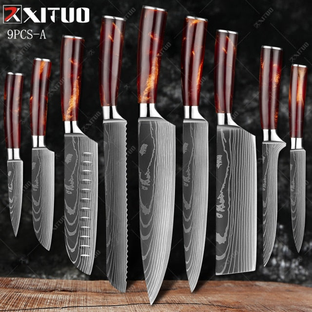 XITUO 1-10PCS  kitchen knives Set Laser Damascus pattern chef knife Sharp Santoku Cleaver Slicing Utility Knives Resin Handle