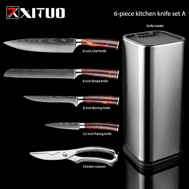 XITUO 1-10PCS  kitchen knives Set Laser Damascus pattern chef knife Sharp Santoku Cleaver Slicing Utility Knives Resin Handle