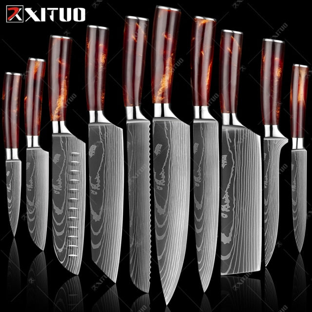 XITUO 1-10PCS  kitchen knives Set Laser Damascus pattern chef knife Sharp Santoku Cleaver Slicing Utility Knives Resin Handle