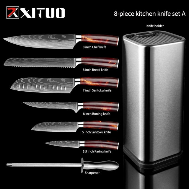 XITUO 1-10PCS  kitchen knives Set Laser Damascus pattern chef knife Sharp Santoku Cleaver Slicing Utility Knives Resin Handle