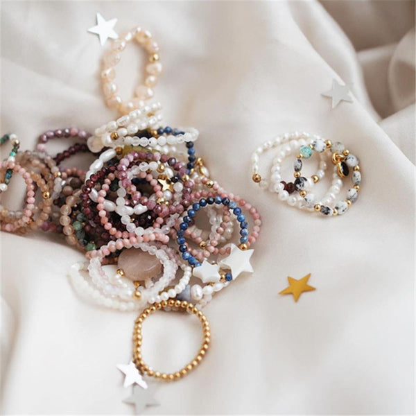 Bohemian Handmade Natural Stone Rings Women with Stainless Steel Bead Multi Color Stretch Rope Wedding Promise Ring Adjustable