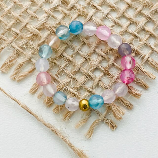 Bohemian Handmade Natural Stone Rings Women with Stainless Steel Bead Multi Color Stretch Rope Wedding Promise Ring Adjustable