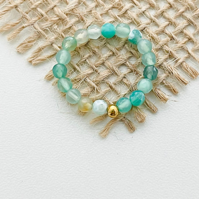 Bohemian Handmade Natural Stone Rings Women with Stainless Steel Bead Multi Color Stretch Rope Wedding Promise Ring Adjustable