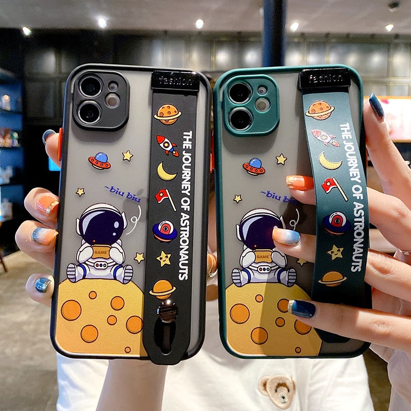 Cute Cartoon Space Astronaut Wrist Band Bracket Phone Case For iPhone 13 12 11 Pro Max XR XS X 6 7 8 Plus Matte Hard Back Cover