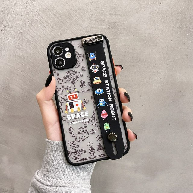 Cute Cartoon Space Astronaut Wrist Band Bracket Phone Case For iPhone 13 12 11 Pro Max XR XS X 6 7 8 Plus Matte Hard Back Cover