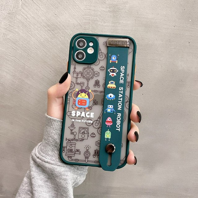 Cute Cartoon Space Astronaut Wrist Band Bracket Phone Case For iPhone 13 12 11 Pro Max XR XS X 6 7 8 Plus Matte Hard Back Cover