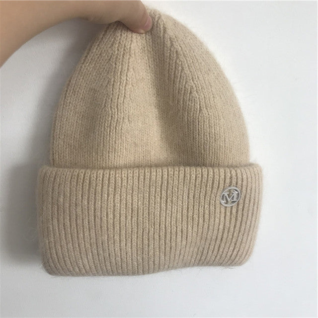 USPOP New Women's Hats Winter Thick Warm Knitted Hats Solid Color Letter M Soft Rabbit Hair Skullies Beanies