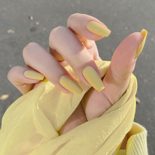 24pcs/box Full Cover fake Press on Nails Matte Yellow Pure Acrylic Frosted Ballerina acrylic for nails for Women free shipping