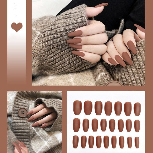 24pcs/box Full Cover fake Press on Nails Matte Yellow Pure Acrylic Frosted Ballerina acrylic for nails for Women free shipping
