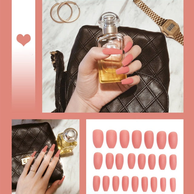 24pcs/box Full Cover fake Press on Nails Matte Yellow Pure Acrylic Frosted Ballerina acrylic for nails for Women free shipping