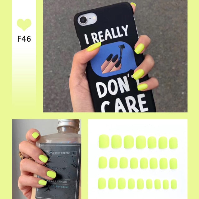 24pcs/box Full Cover fake Press on Nails Matte Yellow Pure Acrylic Frosted Ballerina acrylic for nails for Women free shipping