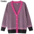 TYHRU Women's Knitting Sweater Color Matching Diamond Lattice Single-Breasted Buttons Loose Casual Knitted Cardigan Sweaters