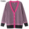 TYHRU Women's Knitting Sweater Color Matching Diamond Lattice Single-Breasted Buttons Loose Casual Knitted Cardigan Sweaters