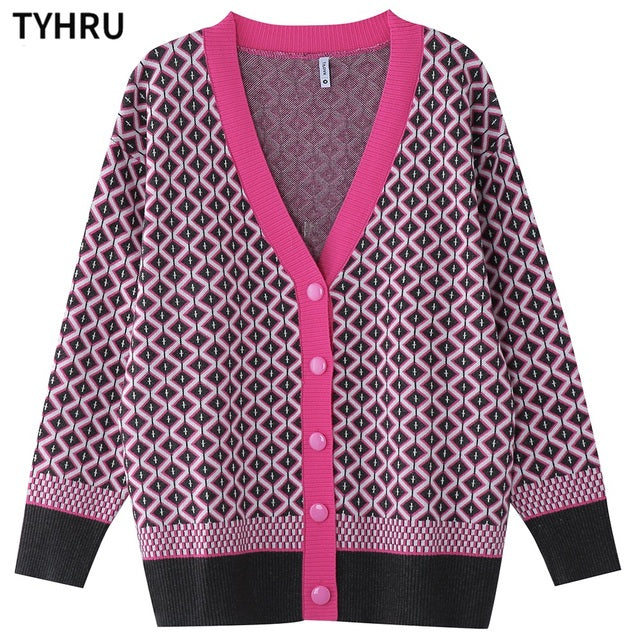 TYHRU Women's Knitting Sweater Color Matching Diamond Lattice Single-Breasted Buttons Loose Casual Knitted Cardigan Sweaters