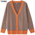 TYHRU Women's Knitting Sweater Color Matching Diamond Lattice Single-Breasted Buttons Loose Casual Knitted Cardigan Sweaters
