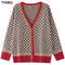 TYHRU Women's Knitting Sweater Color Matching Diamond Lattice Single-Breasted Buttons Loose Casual Knitted Cardigan Sweaters