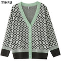 TYHRU Women's Knitting Sweater Color Matching Diamond Lattice Single-Breasted Buttons Loose Casual Knitted Cardigan Sweaters