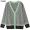 TYHRU Women's Knitting Sweater Color Matching Diamond Lattice Single-Breasted Buttons Loose Casual Knitted Cardigan Sweaters