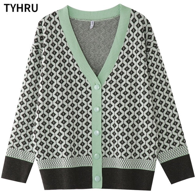 TYHRU Women's Knitting Sweater Color Matching Diamond Lattice Single-Breasted Buttons Loose Casual Knitted Cardigan Sweaters
