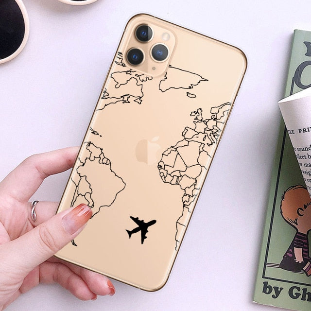 World Map Travel Soft TPU Phone Cases For iPhone 13 12 Pro XS Max XR 7 8 Plus 6S Plane Cover For iPhone 11 SE2020 Coque
