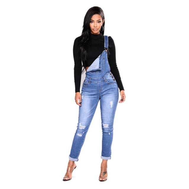 Stitching Slim Ladies Sling Jumpsuit Pure Color Washed Cropped Pants Spring And Autumn Fashion Workwear Style Bodysuit 903