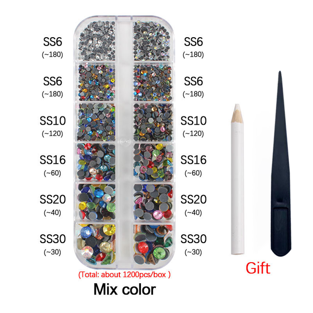 New Box Set 36 Colors 12 grid box Hotfix rhinestone 1200pcs Flatback crystal stone for DIY clothing shoe bag free shipping