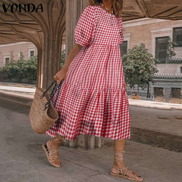 Summer Dress VONDA 2021 Women Autumn Short Sleeve  Vintage Plaid Printed Sundress Loose Pleat Mid-Calf Dresses Femme Party Robe