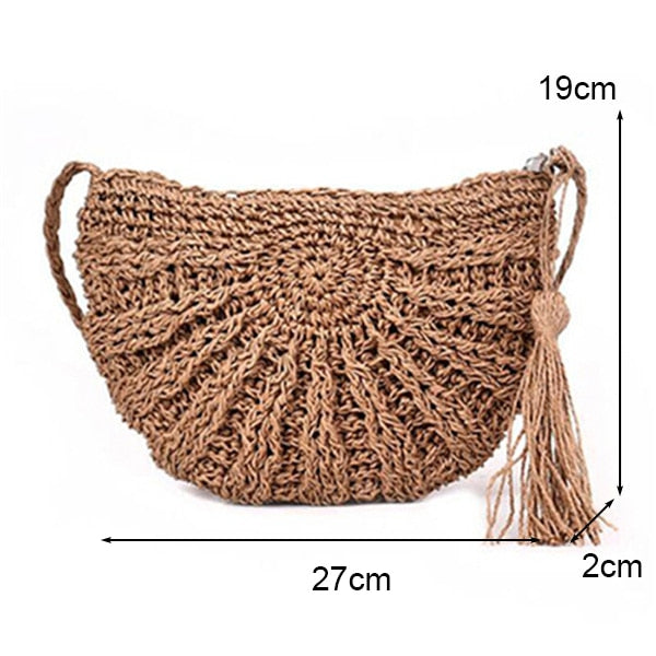 Round Straw Beach Bag Vintage Handmade Woven Shoulder Bag Raffia circle Rattan bags Bohemian Summer Vacation Casual Bags