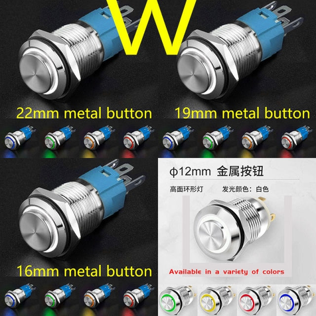 12mm 16mm 19mm 22mm High Head Led Metal Button with Light Waterproof Button Automatic Reset Self Locking Power Symbol Switch 12V