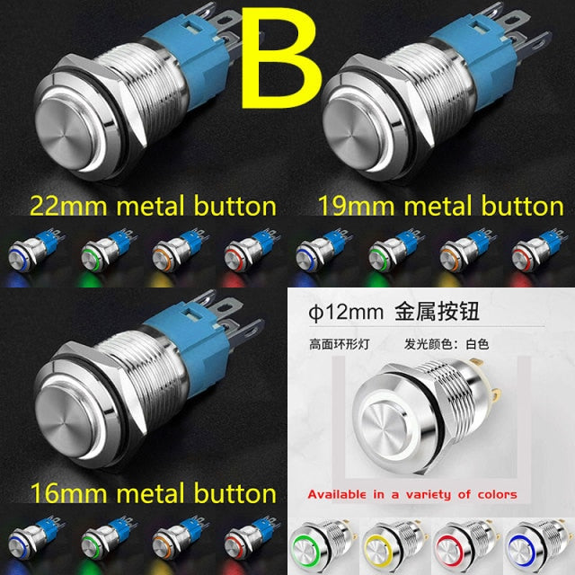 12mm 16mm 19mm 22mm High Head Led Metal Button with Light Waterproof Button Automatic Reset Self Locking Power Symbol Switch 12V