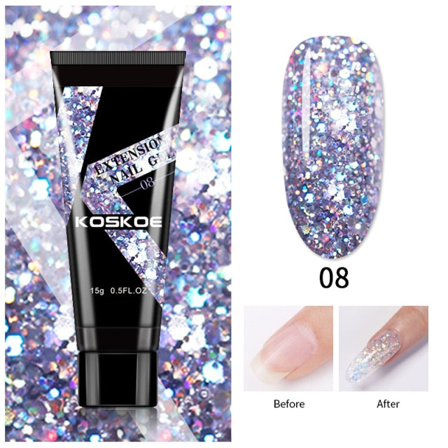 KOSKOE 15ml Acrylic Gel For Extension Clear Pink Glitter Quick Finger Extension Soak Off Gel Nail Polish Nails Art Manicure