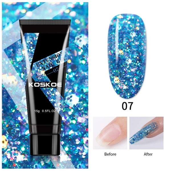 KOSKOE 15ml Acrylic Gel For Extension Clear Pink Glitter Quick Finger Extension Soak Off Gel Nail Polish Nails Art Manicure