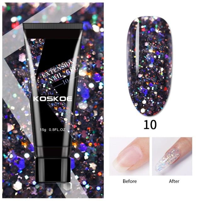 KOSKOE 15ml Acrylic Gel For Extension Clear Pink Glitter Quick Finger Extension Soak Off Gel Nail Polish Nails Art Manicure