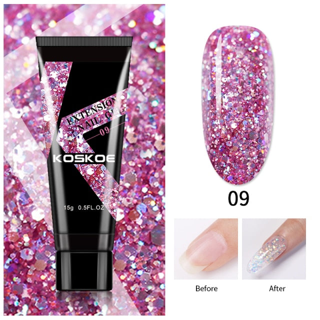 KOSKOE 15ml Acrylic Gel For Extension Clear Pink Glitter Quick Finger Extension Soak Off Gel Nail Polish Nails Art Manicure