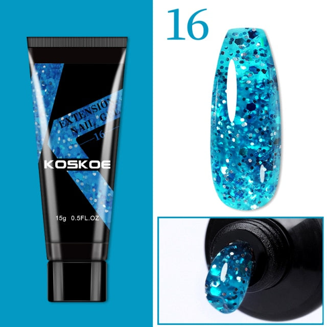 KOSKOE 15ml Acrylic Gel For Extension Clear Pink Glitter Quick Finger Extension Soak Off Gel Nail Polish Nails Art Manicure