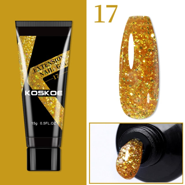 KOSKOE 15ml Acrylic Gel For Extension Clear Pink Glitter Quick Finger Extension Soak Off Gel Nail Polish Nails Art Manicure