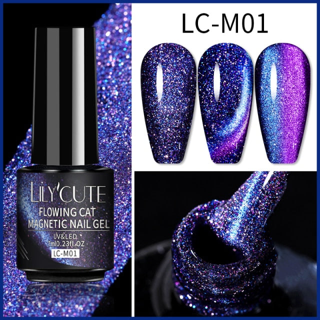LILYCUTE 7ml Flowing Cat Magnetic Gel Polish Semi Permanent Glitter Magnetic Nail Gel Soak Off UV Gel Nail Art Gel Varnish