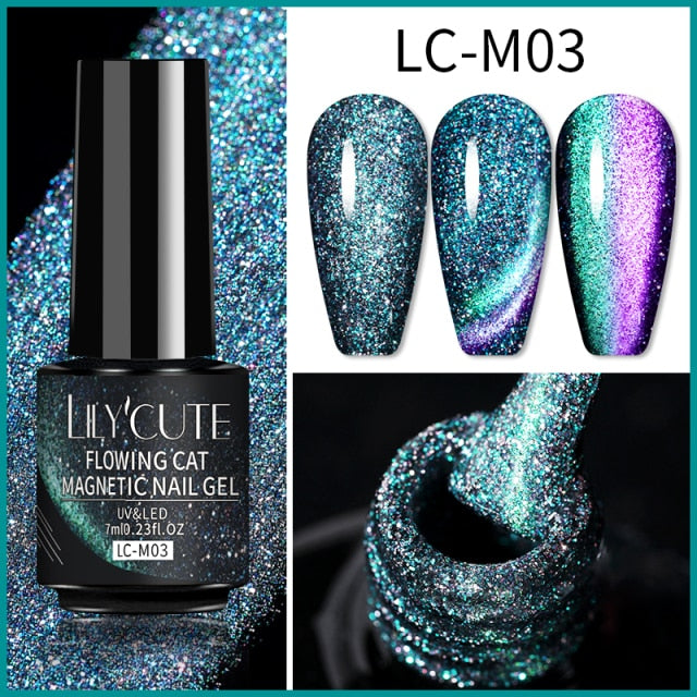 LILYCUTE 7ml Flowing Cat Magnetic Gel Polish Semi Permanent Glitter Magnetic Nail Gel Soak Off UV Gel Nail Art Gel Varnish