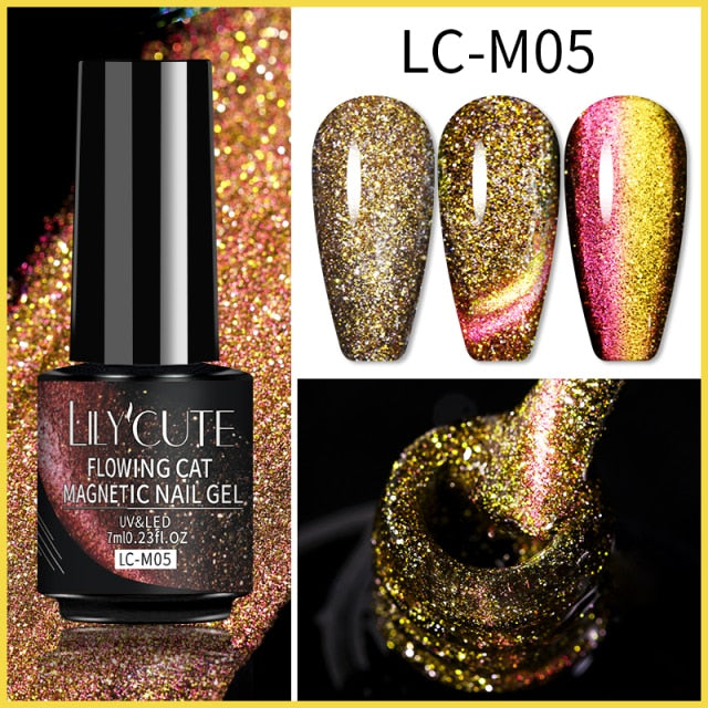 LILYCUTE 7ml Flowing Cat Magnetic Gel Polish Semi Permanent Glitter Magnetic Nail Gel Soak Off UV Gel Nail Art Gel Varnish
