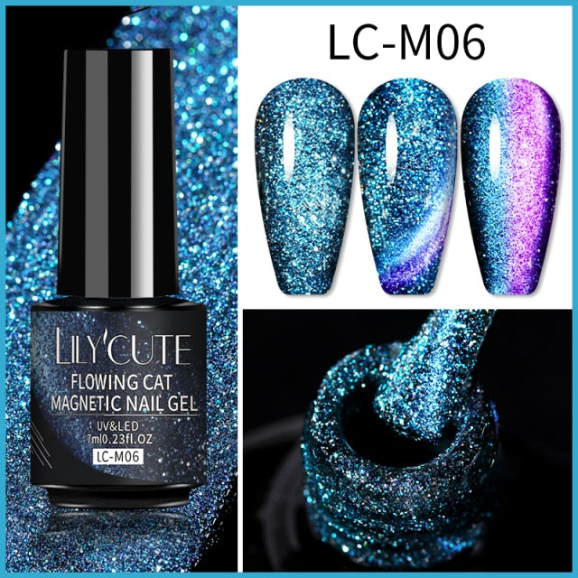 LILYCUTE 7ml Flowing Cat Magnetic Gel Polish Semi Permanent Glitter Magnetic Nail Gel Soak Off UV Gel Nail Art Gel Varnish