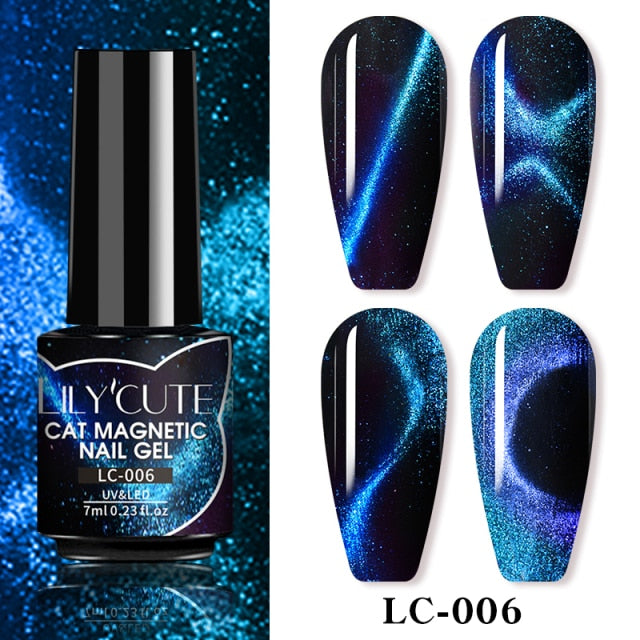 LILYCUTE 7ml Flowing Cat Magnetic Gel Polish Semi Permanent Glitter Magnetic Nail Gel Soak Off UV Gel Nail Art Gel Varnish