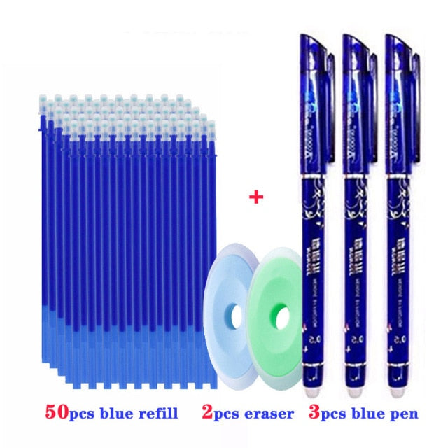 55pcs/set Colored Ink Erasable Pen Refills Rods 0.5mm Magic Erasable Gel Pen Washable Handle Office School Writing Stationery