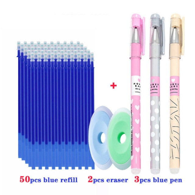55pcs/set Colored Ink Erasable Pen Refills Rods 0.5mm Magic Erasable Gel Pen Washable Handle Office School Writing Stationery