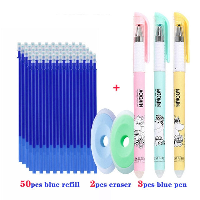 55pcs/set Colored Ink Erasable Pen Refills Rods 0.5mm Magic Erasable Gel Pen Washable Handle Office School Writing Stationery