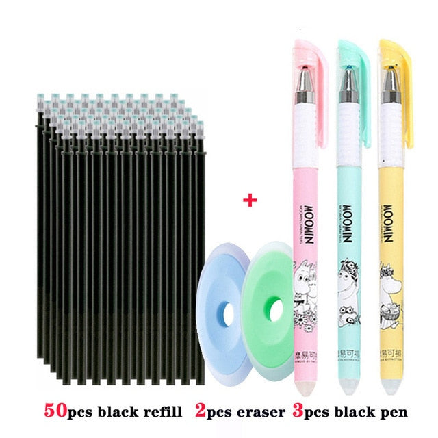 55pcs/set Colored Ink Erasable Pen Refills Rods 0.5mm Magic Erasable Gel Pen Washable Handle Office School Writing Stationery
