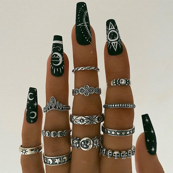 Punk Gothic Heart Ring Set for Women Black Dice Vintage Spades Ace Silver Plated Retro Rhinestone Charm Billiards Finger Jewelry