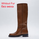 Meotina INS Women Genuine Leather Riding Boots Med Heel Round Toe Shoes Thick Heel Knee High Boots Lady Autumn Winter 42 Brown
