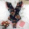 2021 New Sexy Ruffle Print Floral One Piece Swimsuit Off The Shoulder Swimwear Women Solid Deep-V Beachwear Bathing Suit Monkini
